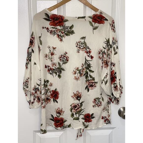 M Fasis Women’s Ivory Floral Button Tie Front Short Sleeve Boho Peasant Top XL - Picture 5 of 6